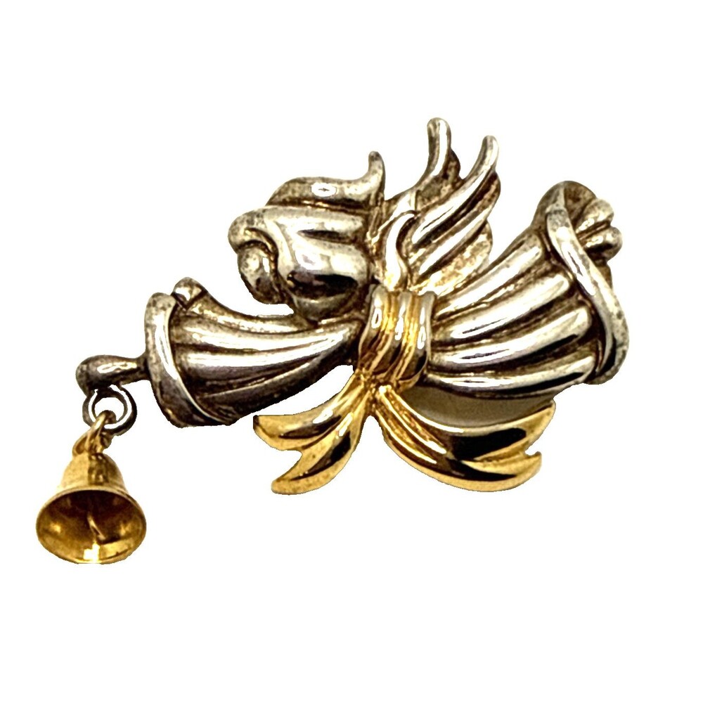 Vintage TONA Angel with Bell Brooch Silver Gold Tone Dangle Charm Pin 2"